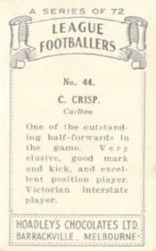 1938 Hoadley's League Footballers #44 Cresswell Crisp Back